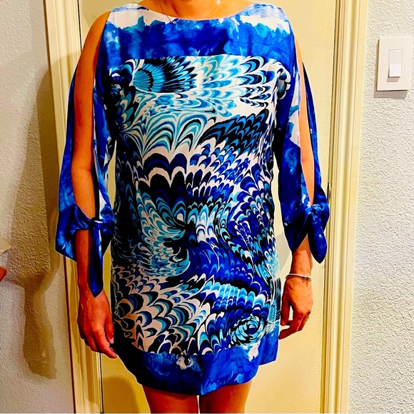 100% Blue White Silk Dress Laundry by Shelli Sega Long Slit Sleeves Smal - Picture 2 of 9